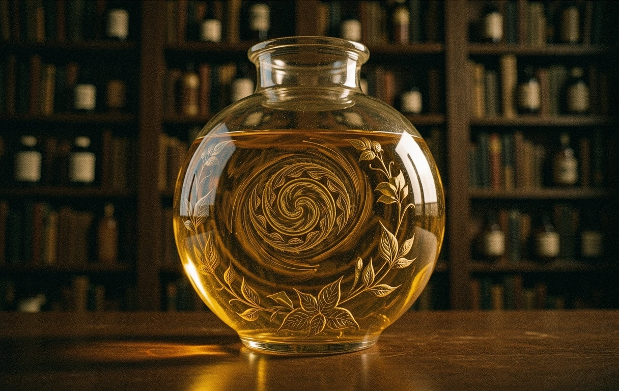 Refractive glass vial with golden botanical liquid